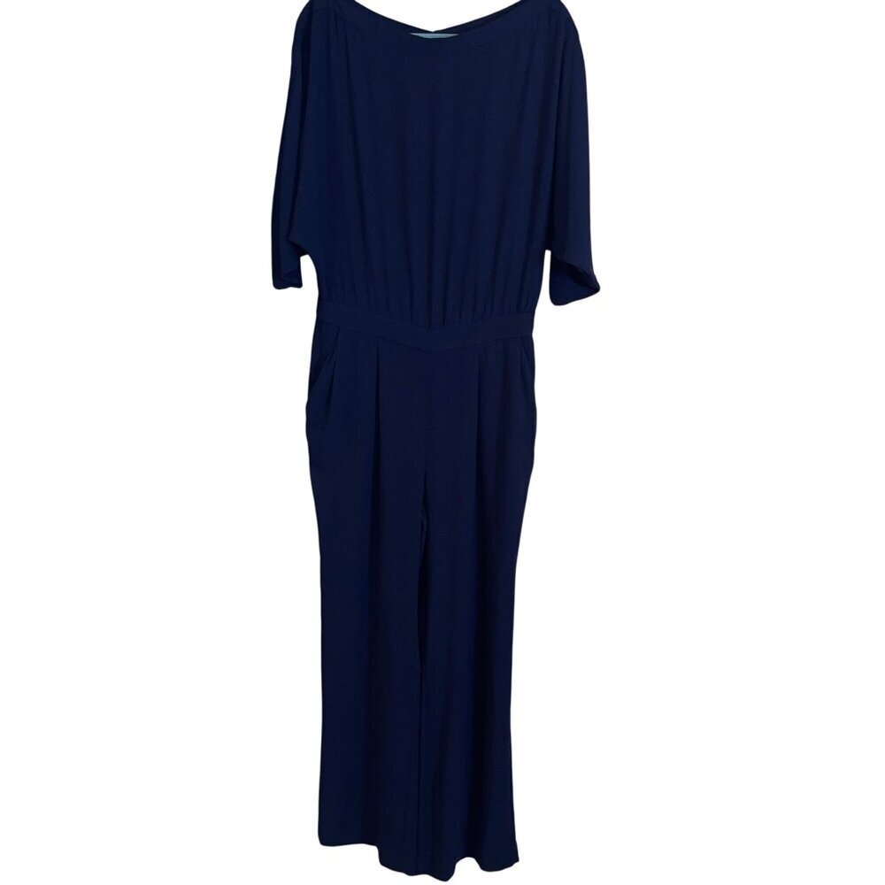 Diane Von Furstenberg Womens Jumpsuit Size 10 Blue Lucy Crepe Pockets Boat Neck